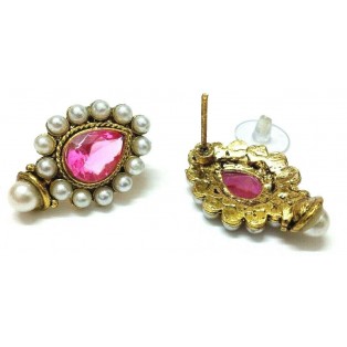 Gold Oxidized Women Earring Stud Jewelry PushBack Classy Gift - Rhinestone Bead 41